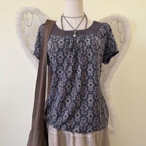 Whimsy Twee Boho Gray Funky Pattern Cap Sleeve Blouse Top Rhinestones 2000s Cute